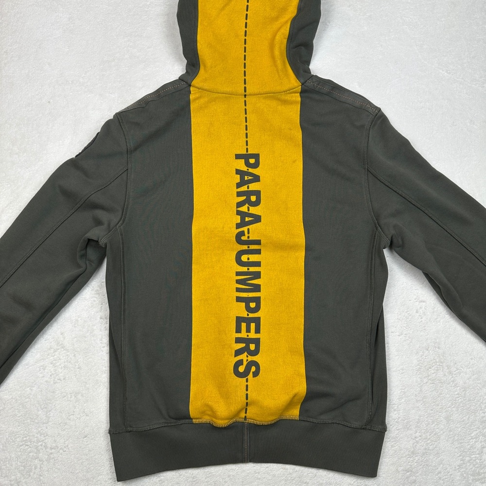 Parajumpers PJS Mens Fleece Hoodie Olive Green Yellow Stripe Anchorage Size M